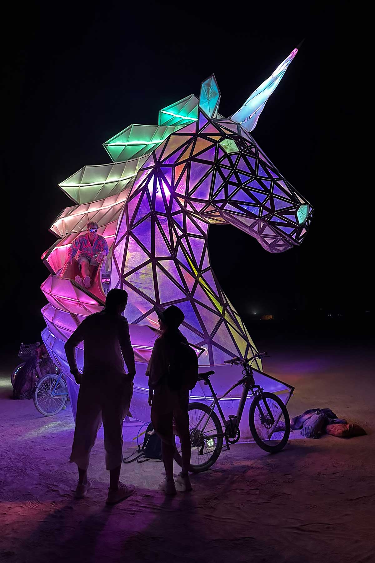 Geometric illuminated unicorn head sculpture glowing at night