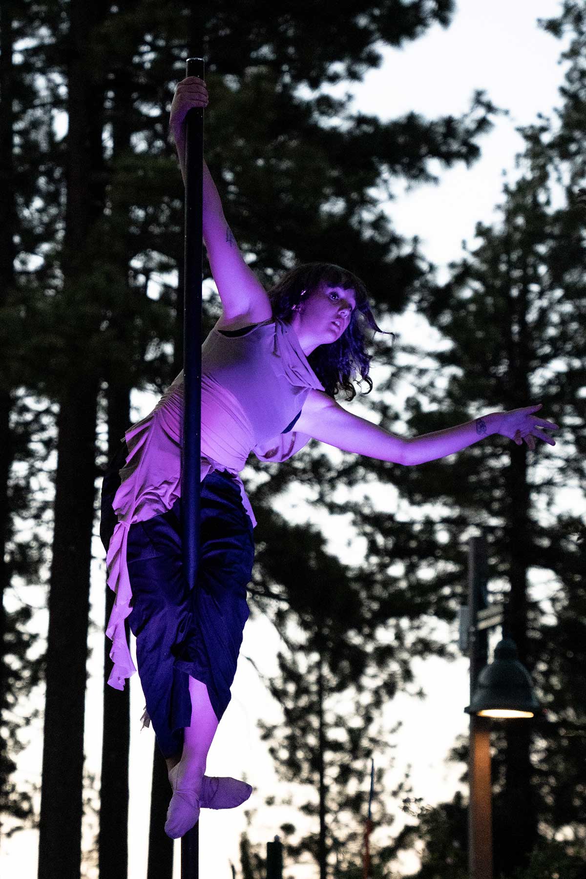 Pole dancer climbing outdoor pole against pine tree twilight sky
