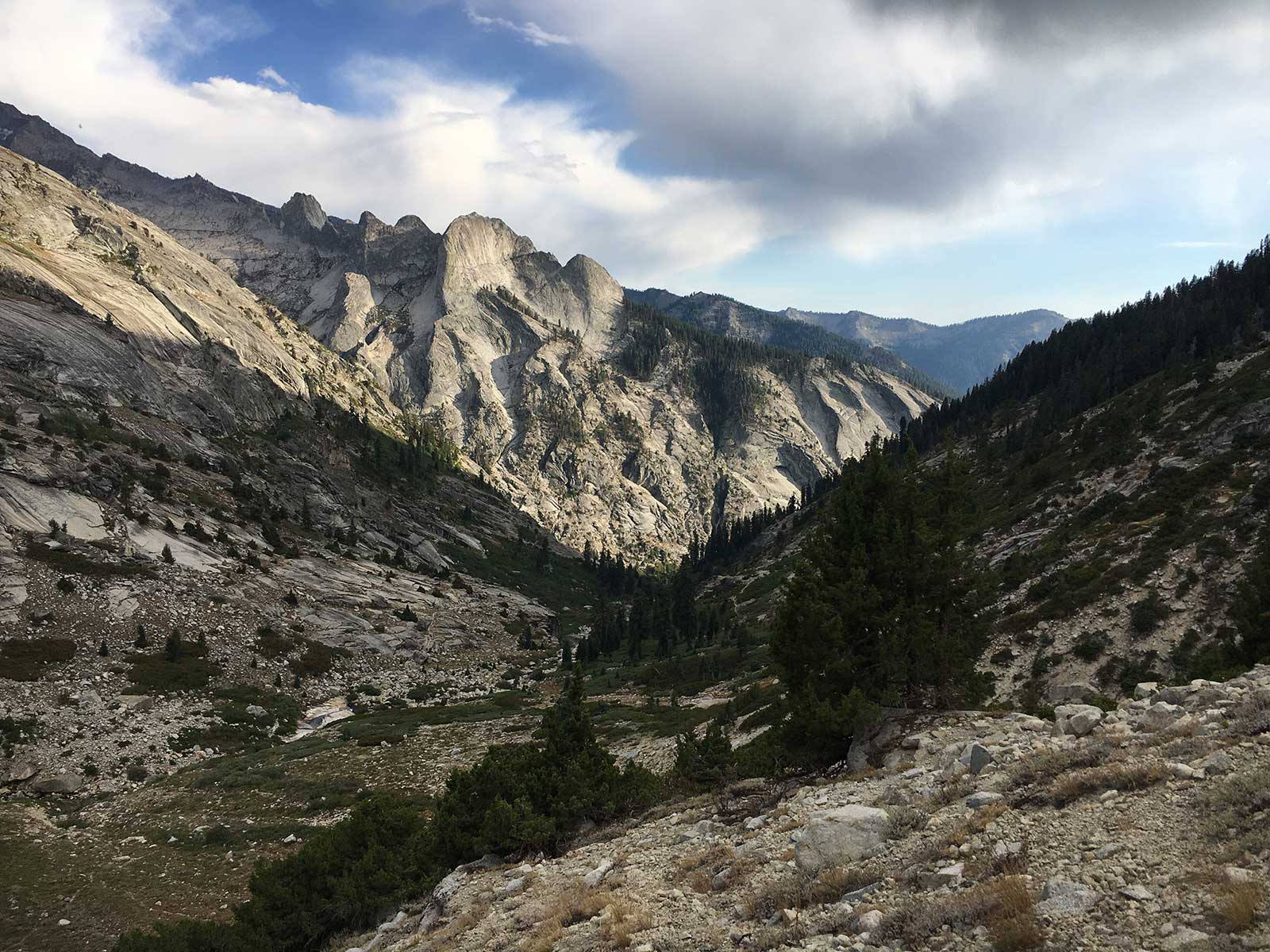 Dramatic granite peaks towering over a glacial canyon with pines